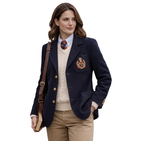 Lizsport Jackets & Blazers - Vintage Lizsport Petites Navy Wool Blazer Gold Crest Preppy Classic 8P
